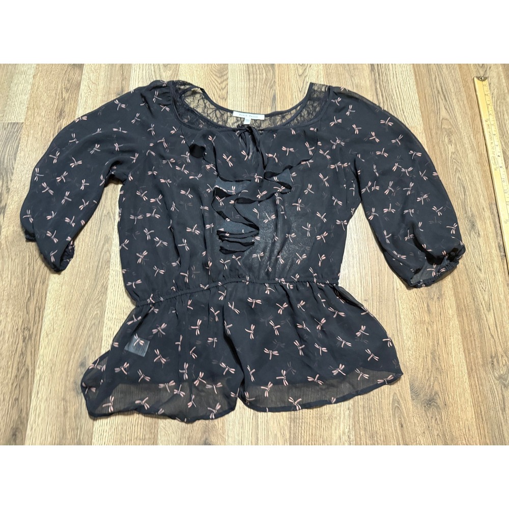 Black Rainn Shirts Womens Size Medium Black Blouse Ruffle Lace Sheer Peplum Top